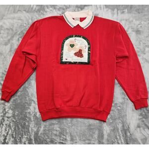 NEW Vintage Valerie Sockwell Collared Sweatshirt Size L Red Christmas Holiday